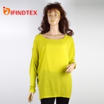 Ladies knitted top, 100%polyester in front, 95%viscose 5%elastane in the back.
