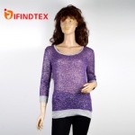 Ladies knitted top, 100%polyester in front, 95%viscose 100%viscose in the back.